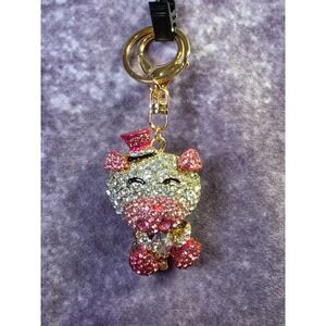 Pink Rhinestone Pig Keychain Gold Tone Crystal Bag Charm with Top Hat